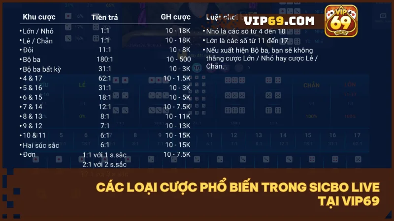 Hướng dẫn chơi Sicbo Live tại Vip69 từ A-Z cho người mới bắt đầu 3 Khám phá bảng cược đa dạng và hấp dẫn nhất hiện nay