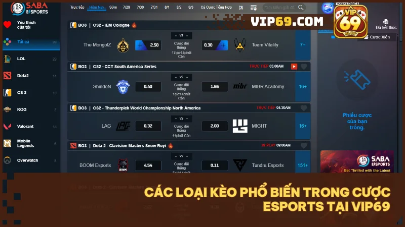 Cược esports Vip69 hấp dẫn với tỷ lệ kèo chuẩn và cược live thời gian thực 4 Đa dạng hình thức cược từ cơ bản đến đặc biệt, phù hợp mọi người chơi
